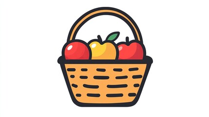 A single vector icon of an apple basket, bold black outline, flat colors, no gradient, simple and modern style, white background, high contrast  png