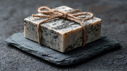 Handmade speckled off white soap tied with twine on slate image