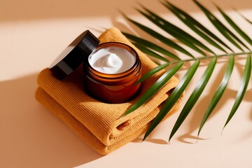 Luxurious Amber Jar of Creamy Moisturizer with Soft Towels and Tropical Leaf