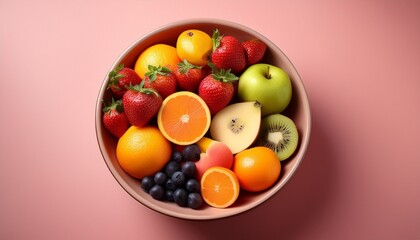 high resolution image of a vibrant fruit bowl on a soft pink background featuring clear composition sharp focus subtle shadows vibrant natural textures with a minimalist aesthetic