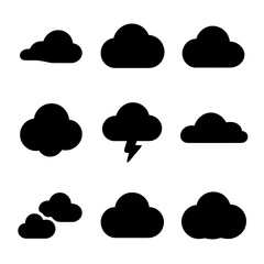 Cloud Icon Grid. Solid, filled icon set of cloud shapes: wispy cloud, dark cloud, bright cloud, fluffy puff, stormy cloud, layer
