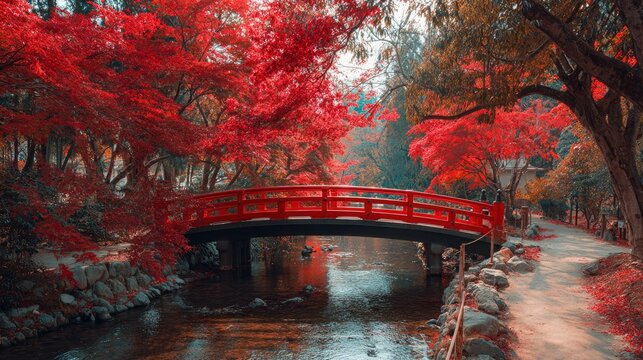 Red bridge spans a river surrounded by trees with vibrant autumn foliage A path parallels the riverbank
