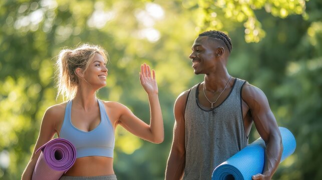 Active smiling multiethnic couple, ready for workout in park. Couple, Caucasian woman and African man, holding yoga mats and giving high five each other, while going together to the yoga training, no