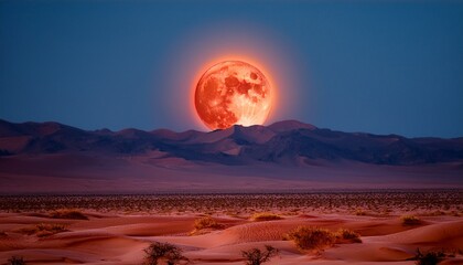 total lunar eclipse over vast desert with red moon glow