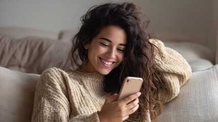 Happy millennial hispanic teen girl checking social media holding smartphone at home. Smiling young latin woman using mobile phone app playing game, shopping online, ordering delivery relax on sofa.,