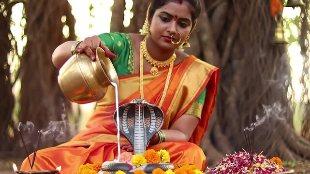 Traditional Indian Woman Performing Ritual with Snake Idol and Milk Offering Under Banyan Tree. Nag Panchami festival celebration