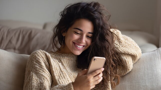 Happy millennial hispanic teen girl checking social media holding smartphone at home. Smiling young latin woman using mobile phone app playing game, shopping online, ordering delivery relax on sofa.,
