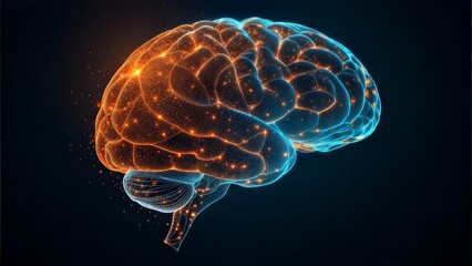 Futuristic glowing brain floating in dark digital space – concept of artificial intelligence, illuminated consciousness, and high-tech innovation