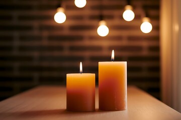 Two Illuminated Candles on a Wooden Table with Edison Bulbs in the Background