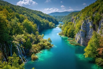 Fototapeta premium Verdant canyon scene with turquoise waters dense forests rocky cliffs under a sky with clouds