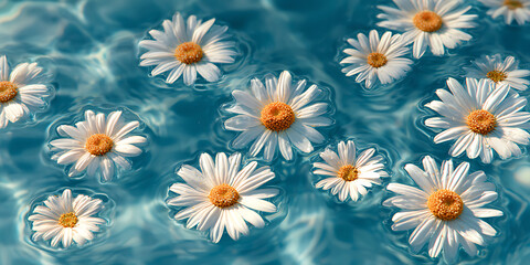 Floating Daisies with Orange Centers in Rippling Blue Water Nature Floral Photography

