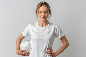 A friendly female soccer player in a white sports top stands confidently, holding a white ball at hip level, with a pleasant expression on a light gray studio backdrop.

