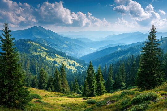 Verdant mountains with distant peaks under a blue sky dotted with fluffy clouds