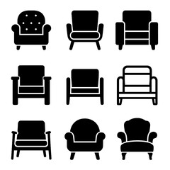 Diverse Armchair Icons. Solid, filled icon set of armchair styles: vintage, mid-century modern, contemporary, rustic, minimalist,