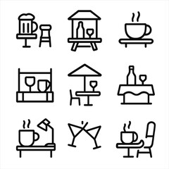 Drinkware Icon Collection. Solid, filled icon set of Drinkware in settings: bar counter, picnic table, coffee table, kitchen shelf