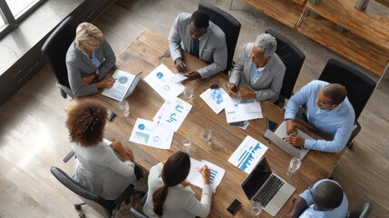 Diverse professional executive business team people discuss project sit at meeting table in board room. Multicultural company managers brainstorm financial plan working together in boardroom. Top vie