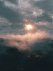 Foggy landscape with a hazy sun peeking through the misty veil, hazy, few clouds, sun