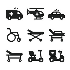 Emergency Transport Icons. Solid, filled icon set of emergency transport modes: ambulance, helicopter, police car, fire truck,