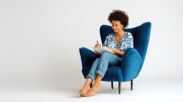 comfort, people and furniture concept - happy smiling young african american woman sitting in modern armchair writing to notebook over white background, no logos, no brands - Powered by Adobe