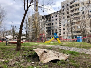 Kharkiv, Ukraine - summer 2022–2025: Destroyed and burned apartments in a multi-storey residential building. Residential area Saltovka. War in Ukraine.