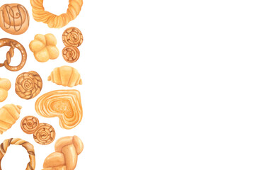 Watercolor border with sweet pastries, croissants, buns, bagels and pretzels isolated on white. Food illustration of baked goods for bakery designs, menu templates, printable cards and cafe branding.