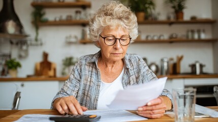 Senior mature business woman holding paper bill using calculator, old lady managing account finance, calculating money budget tax, planning banking loan debt pension payment sit at home kitchen table