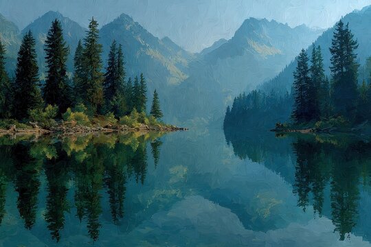 Mountain lake reflection with evergreen trees and distant peaks under a blue sky