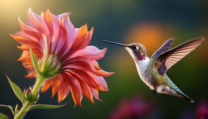 Naklejka premium hummingbird approaching flower nature illustration