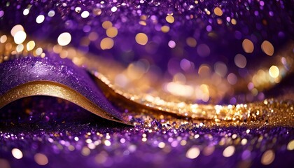 abstract background shimmering with luxurious purple violet and deep gold glitter particles and soft bokeh lights creating a captivating and magical sparkling texture