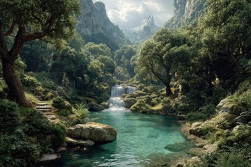 Lush woodland area featuring a cascading waterfall flowing into a turquoise pond with mountains in the distance on a bright, sunny day