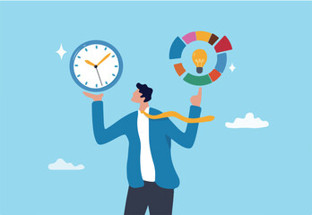 Time management, efficiency, productivity to finish work, delegation, finish tasks, prioritize responsibility, manage schedule, planning concept, businessman holding time clock with pie chart routine