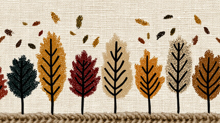 A minimalistic vector autumn landscape combining elegant flat design with warm seasonal tones such as ochre, rust and burnt sienna. The trees and bushes seem to float smoothly in the air, emphasizing 