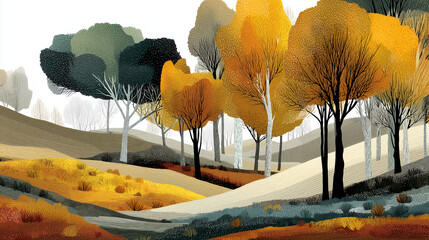 A minimalistic vector autumn landscape combining elegant flat design with warm seasonal tones such as ochre, rust and burnt sienna. The trees and bushes seem to float smoothly in the air, emphasizing 