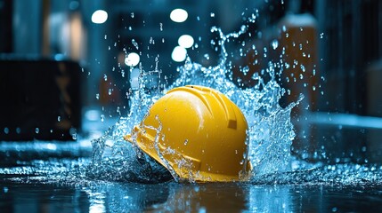 Yellow Hard Hat in Water Splash at Night in Urban Setting 