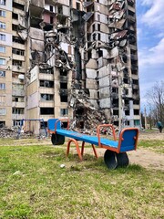 Kharkiv, Ukraine - summer 2022–2025: Destroyed and burned apartments in a multi-storey residential building. Residential area Saltovka. War in Ukraine.