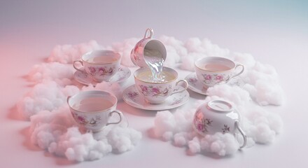 Tea Cups Pouring on Clouds: Whimsical Still Life with Floral China and Soft Cotton Wool on White Background
