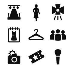 Fashion Show Icons. Solid, filled icon set of fashion shows: runway, model silhouette, spotlight, designer sketchpad, hanger,