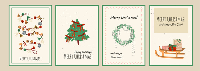 Christmas new year winter holiday greeting card with xmas decoration, tree, sleigh with gift boxes, wreath. Vector illustration poster in hand drawn cartoon flat coquette style.