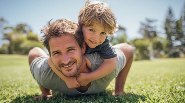 Father and son playing outdoors and looking very happy, no logos, no brands - Powered by Adobe