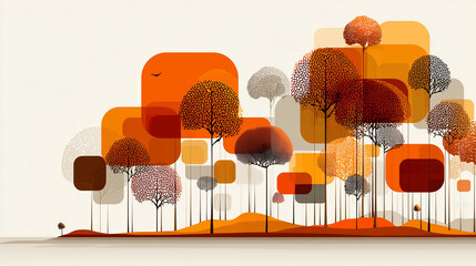 A minimalistic vector autumn landscape combining elegant flat design with warm seasonal tones such as ochre, rust and burnt sienna. The trees and bushes seem to float smoothly in the air, emphasizing 