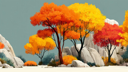 A minimalistic vector autumn landscape combining elegant flat design with warm seasonal tones such as ochre, rust and burnt sienna. The trees and bushes seem to float smoothly in the air, emphasizing 