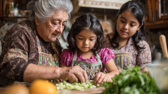 latin grandmother and granddaughter, daughter cooking mexican food at home, three generations of women in Mexico, no logos, no brands