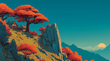 A minimalistic vector autumn landscape combining elegant flat design with warm seasonal tones such as ochre, rust and burnt sienna. The trees and bushes seem to float smoothly in the air, emphasizing 