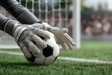 A dynamic close-up shows a goalkeeper's gloved hands in full extension, making a save on a black and white soccer ball, with the goal net subtly blurred in the background.

