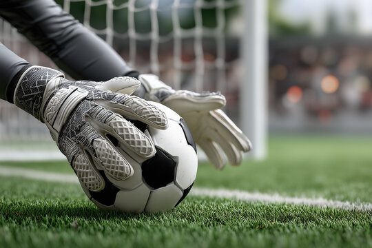 A dynamic close-up shows a goalkeeper's gloved hands in full extension, making a save on a black and white soccer ball, with the goal net subtly blurred in the background.

