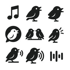 Obraz premium Finch Vocalization Icons. Solid, filled icon set of finch vocalization: musical note, beak open, sound wave, chirp bubble, duet
