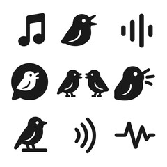 Obraz premium Finch Vocalization Icons. Solid, filled icon set of finch vocalization: musical note, beak open, sound wave, chirp bubble, duet