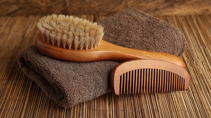 Wooden Hairbrush and Comb Set on Brown Towel