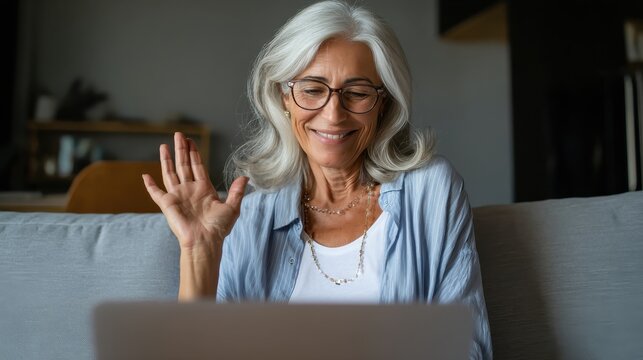 Happy mature older woman video calling on laptop working from home. Smiling 60s middle aged businesswoman talking by conference online virtual chat using computer at home office sitting on couch., no