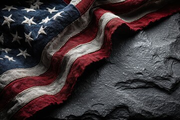 American flag draped on a dark stone surface presents an artistic depiction of patriotism and national identity, conveying solemn emotion and a connection to heritage